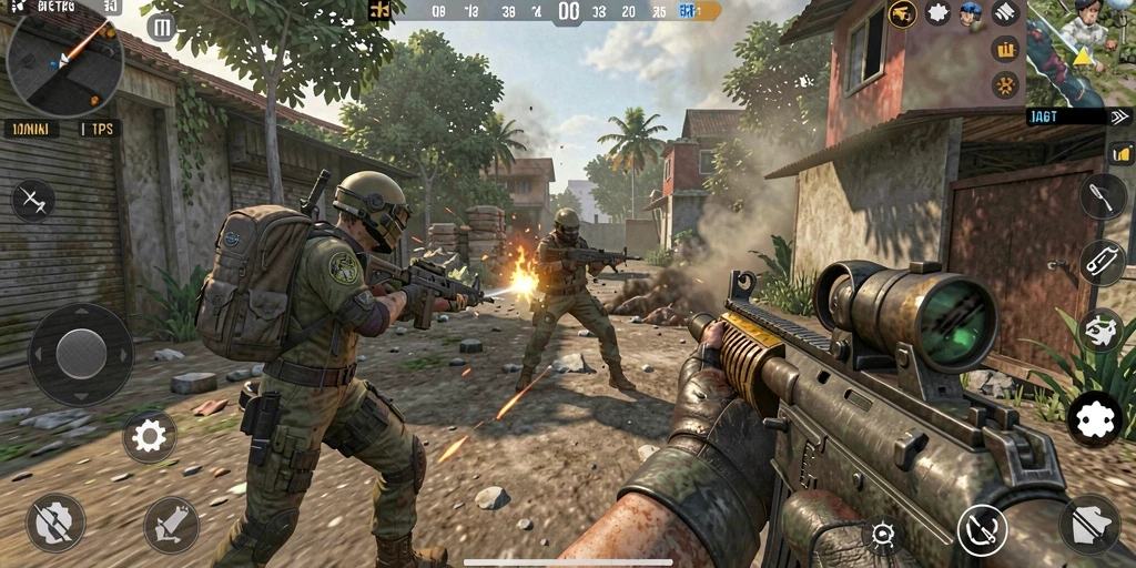 Screenshot gameplay F08 menampilkan aksi menembak yang intens.