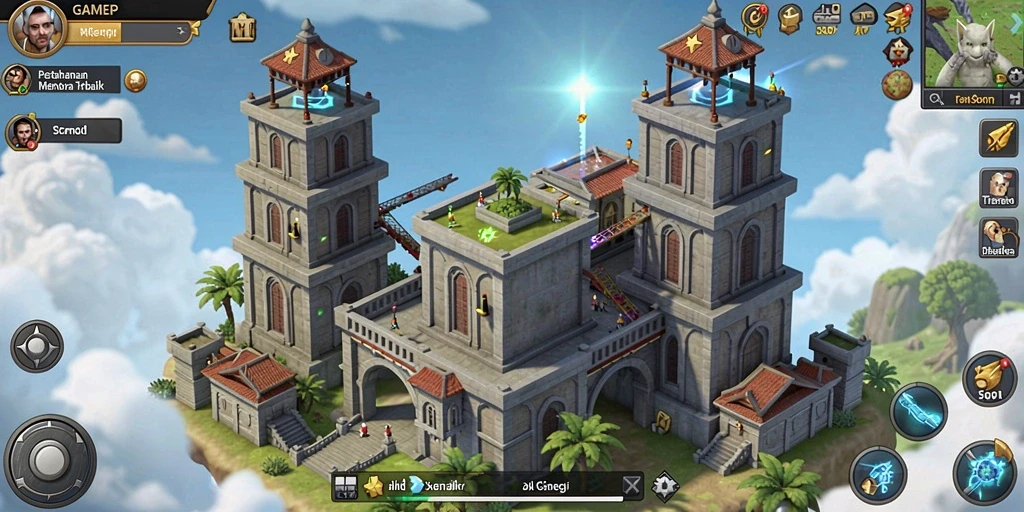 Screenshot utama GAMERP menunjukkan aksi pertahanan menara yang intens.