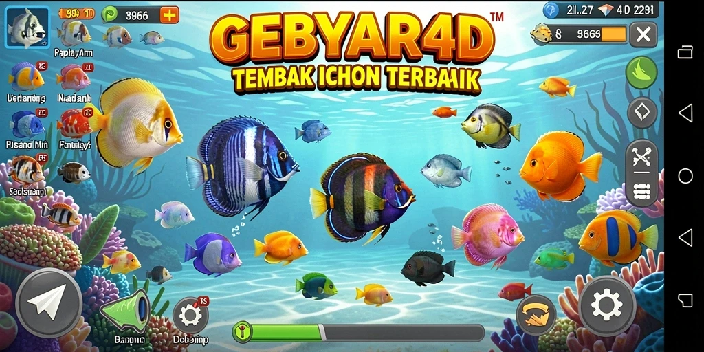 Screenshot gameplay GEBYAR4D dengan aksi menembak ikan yang seru.