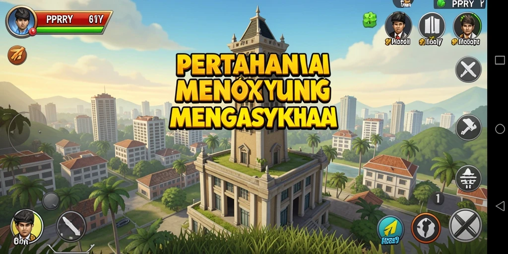 Screenshot utama PPRRYY menampilkan aksi menara pertahanan yang mendebarkan.