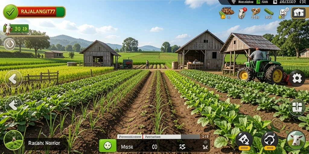 Tampilan gameplay menarik RAJALANGIT77 dengan kebun yang subur.