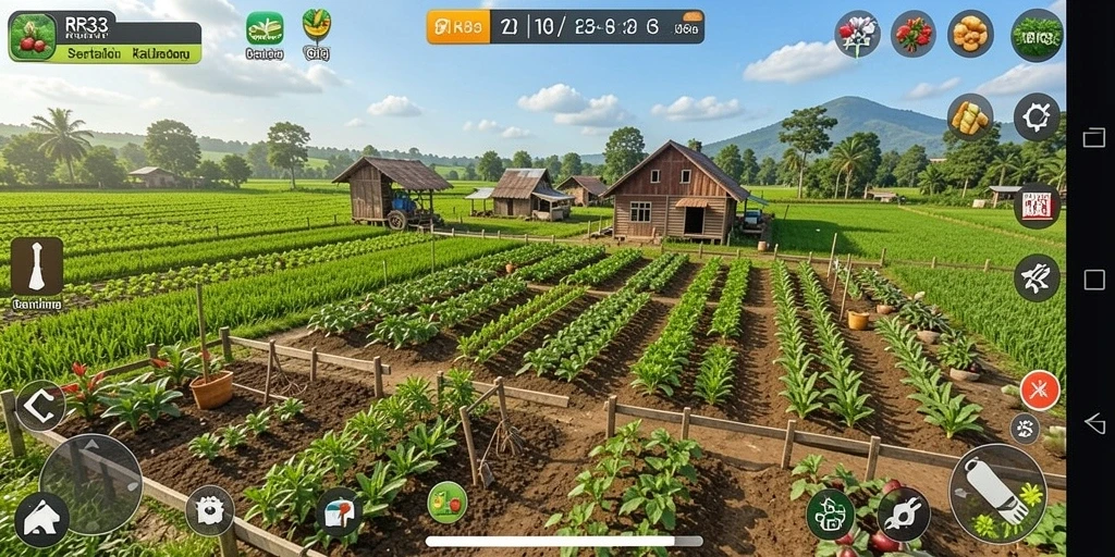 Tangkapan layar gameplay RR33 menunjukkan aktivitas bertani yang seru.