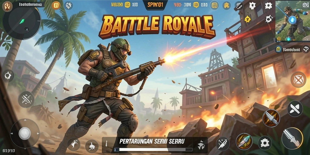 Gambaran gameplay SPIN101 dalam pertarungan Battle Royale yang intens.