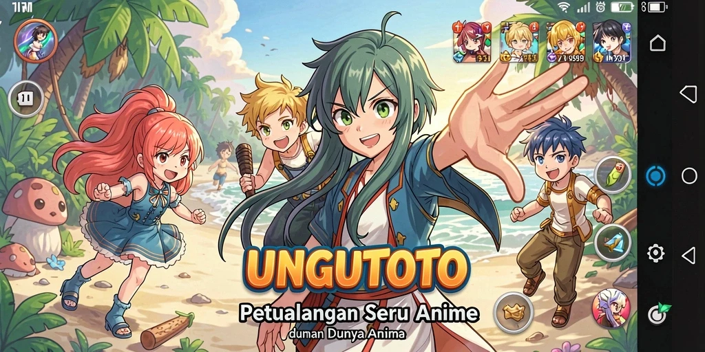 Screenshot gameplay UNGUTOTO dengan karakter anime yang dinamis.