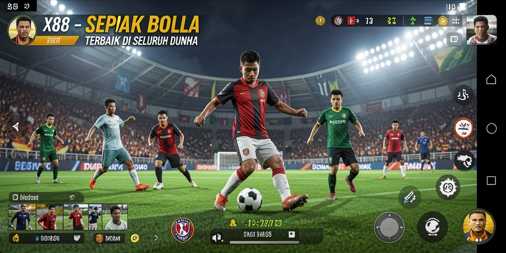 Screenshot gameplay X88 yang menampilkan aksi seru di lapangan sepak bola.