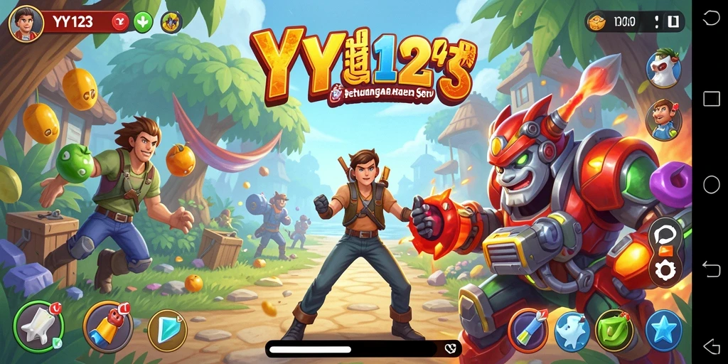 Tampilan dinamis gameplay YY123 dengan karakter ceria dan tantangan seru.
