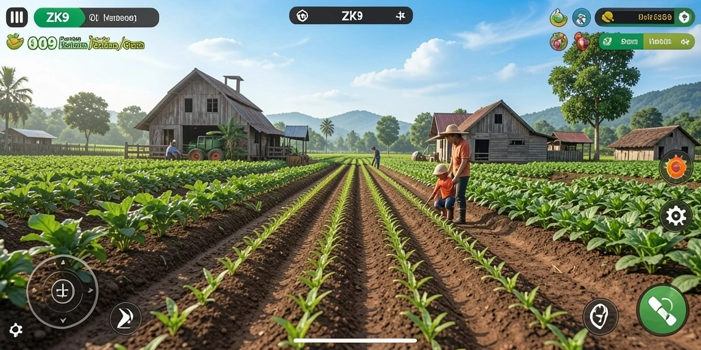 Tampilan gameplay ZK9 yang menunjukkan aktivitas pertanian yang seru.